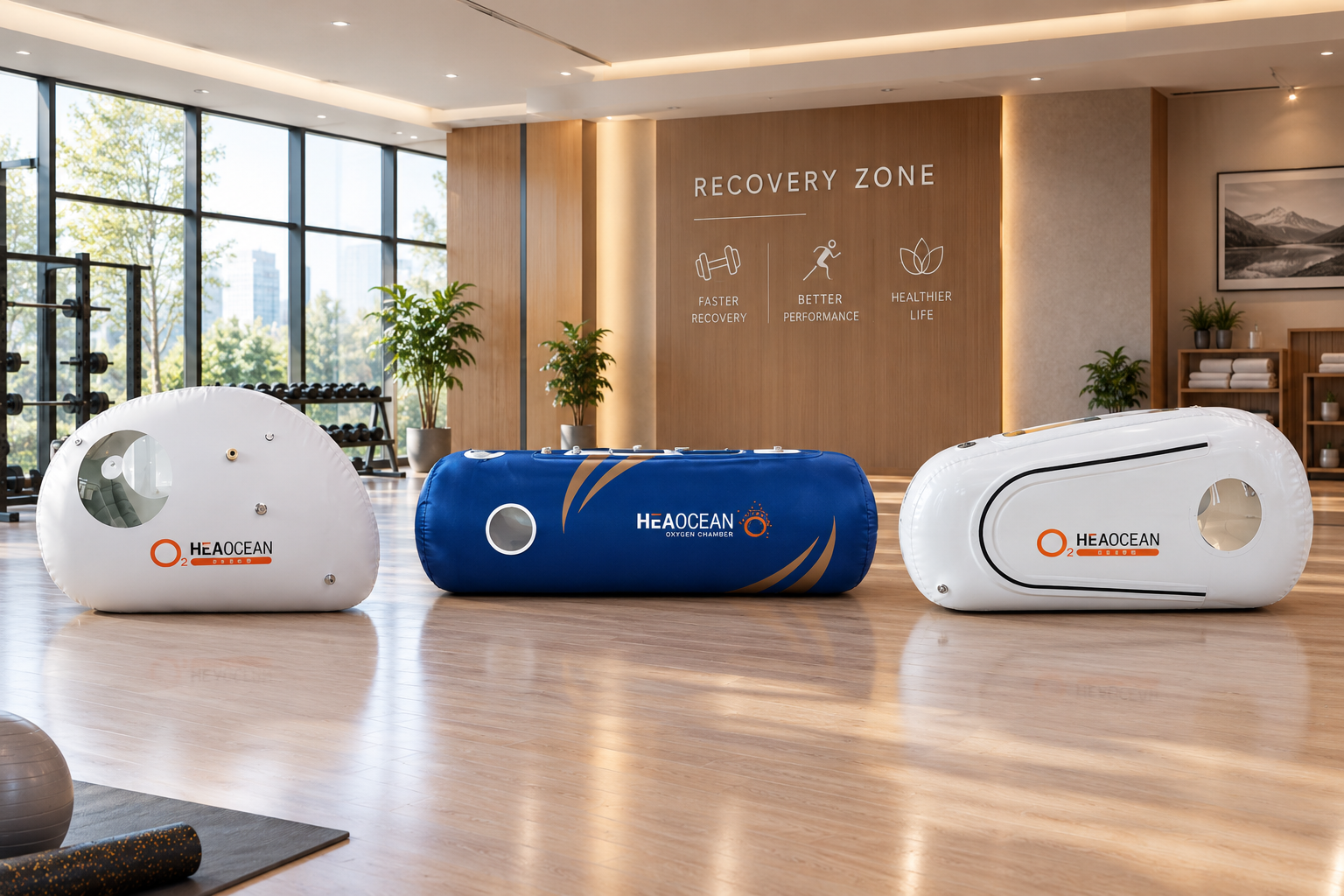 Sitting, sitting and lying, and lying mild hyperbaric chamber formats for sports recovery facilities