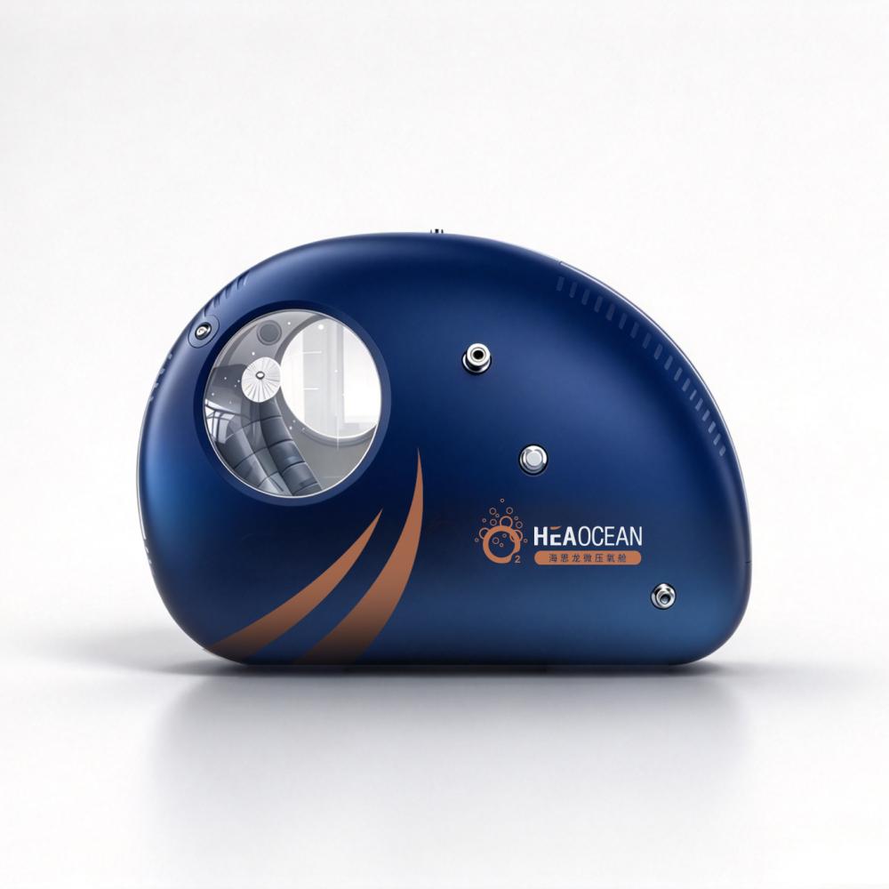Sitting portable soft shell mild hyperbaric oxygen chamber in navy blue, single seat