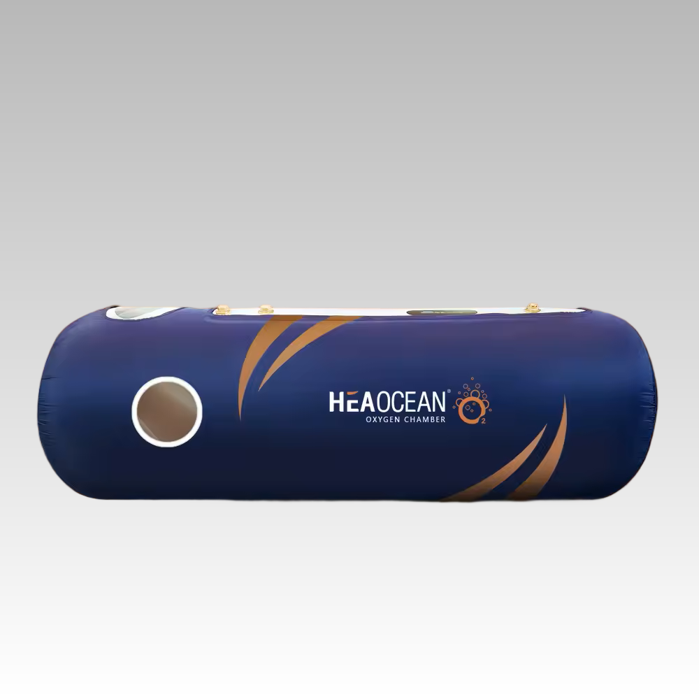 Lying portable soft shell mild hyperbaric oxygen chamber in navy blue, full body layout