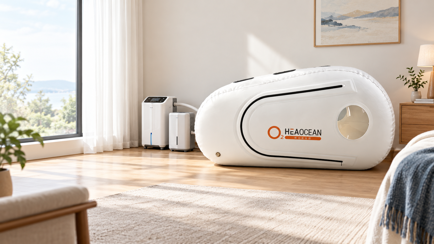 HEAOCEAN portable soft-shell mild hyperbaric chamber set up in a home room