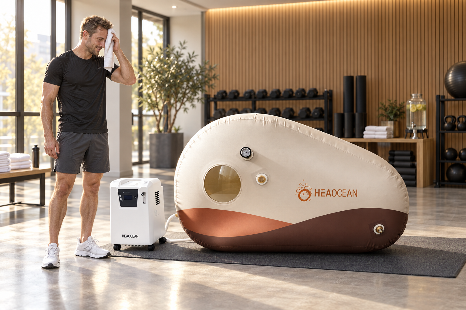 HEAOCEAN mild hyperbaric chamber in a gym recovery room