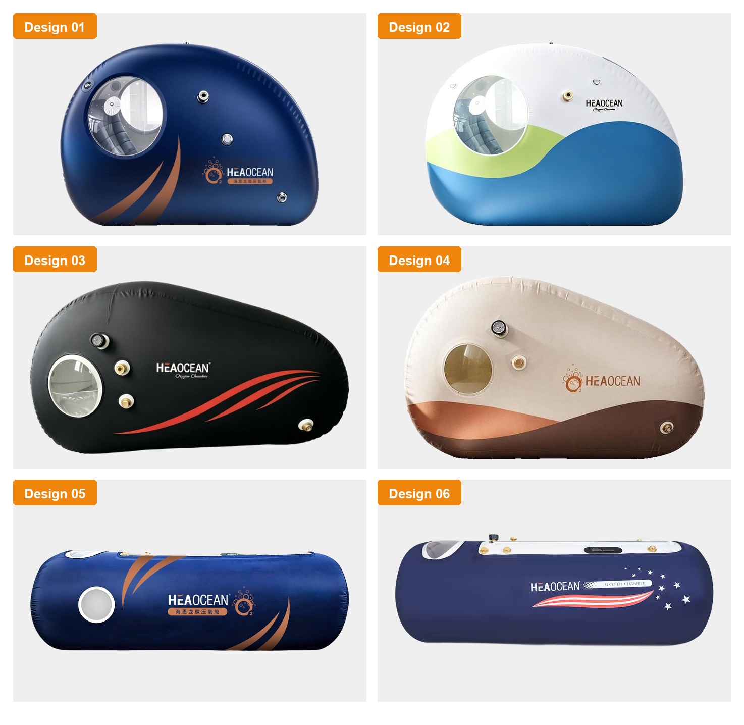 HEAOCEAN chamber exterior customization examples, Design 01 to 06