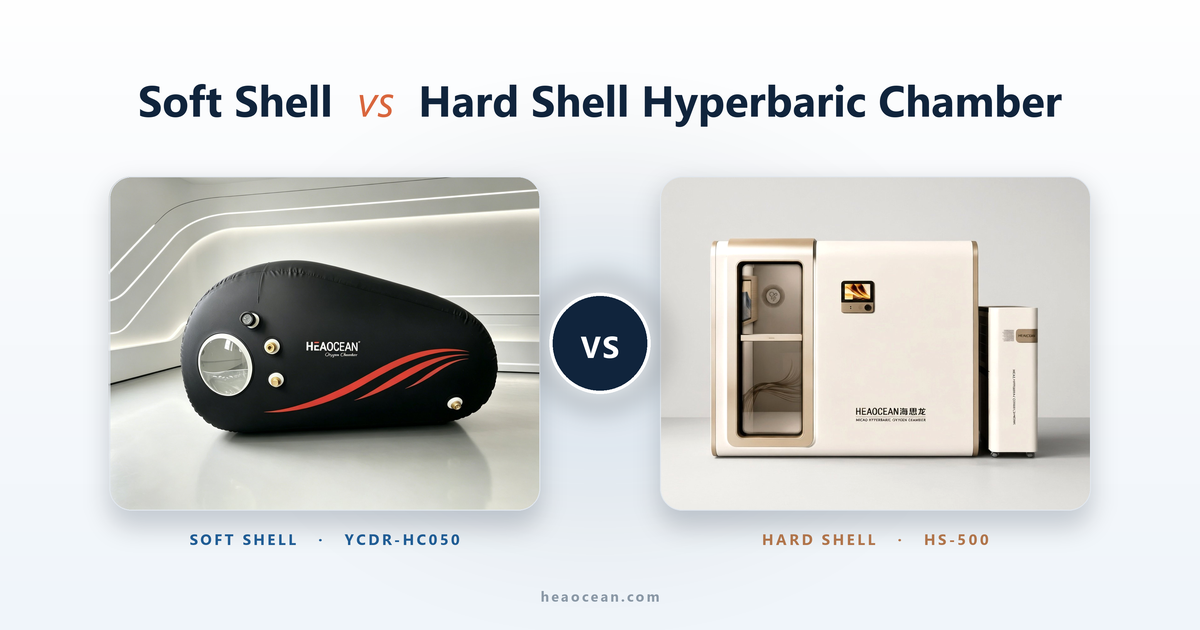 Soft shell and hard shell hyperbaric chambers side by side, showing the flexible zippered soft chamber and the rigid hard shell vessel
